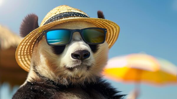 Free download photo of a Panda in a hat and beach goggles