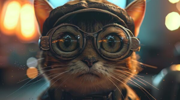 Free graphic download of a cat in a cap and goggles vibing