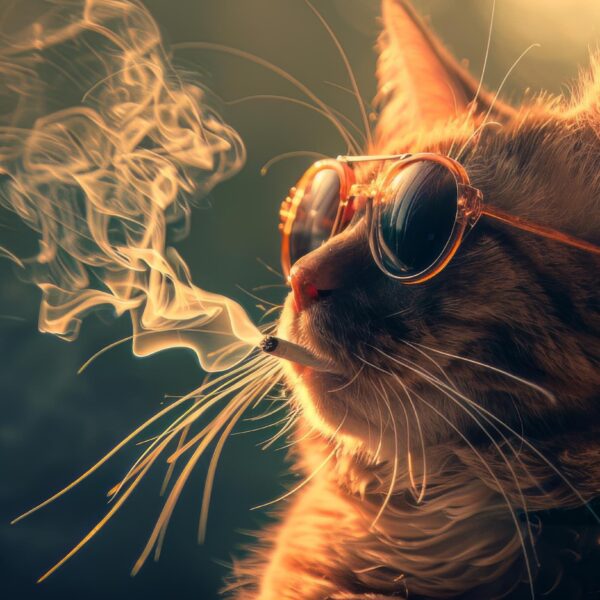 Free picture download of a cat in a procap, vibing and smoking