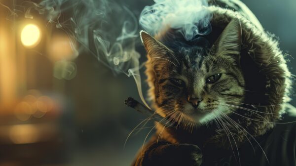 Free snapshot download showing a cat in a procap vibing and smoking