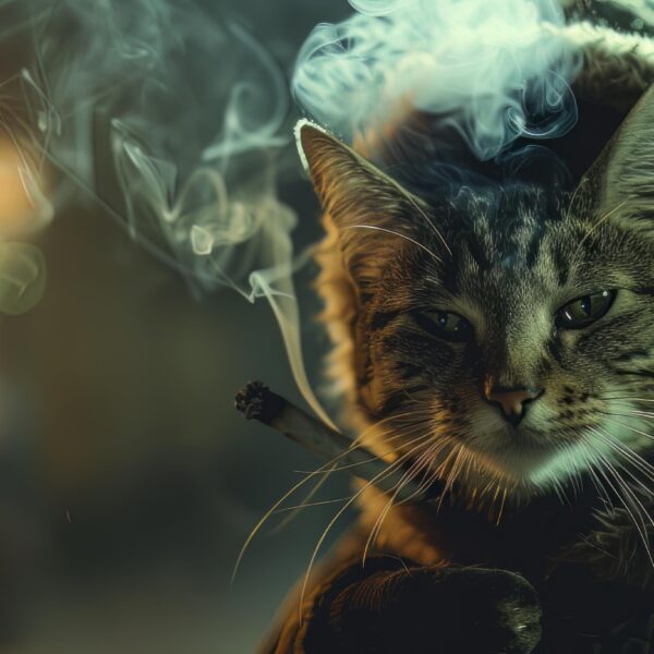 Free snapshot download showing a cat in a procap, vibing and smoking